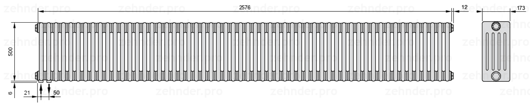 Схема (чертеж) Радиатор Zehnder Charleston 5050/56 №3370 Белый глянцевый RAL 9016